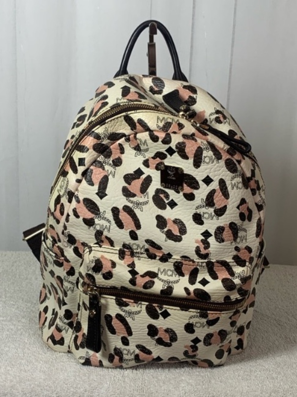 GUC MCM Mini White & Pink Leopard Print Backpack